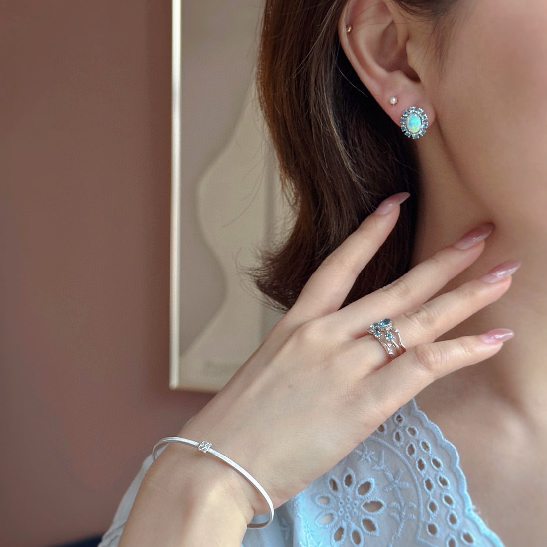 14k Gold 2 Ctw Natural Opal & Aquamarine Earrings - 5