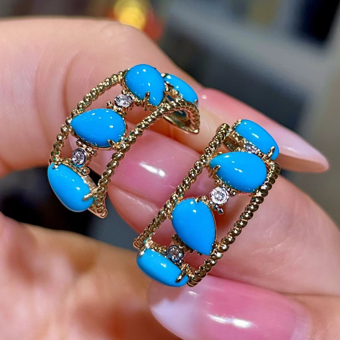 14k Gold 3.30 Ctw Natural Blue Turquoise & Diamond Earrings - 3