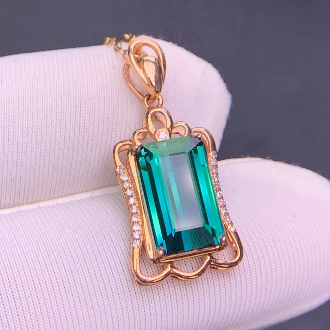 14k Gold 3.3 Ct Natural Tourmaline & Diamond Pendant( Without Chain ) - 7