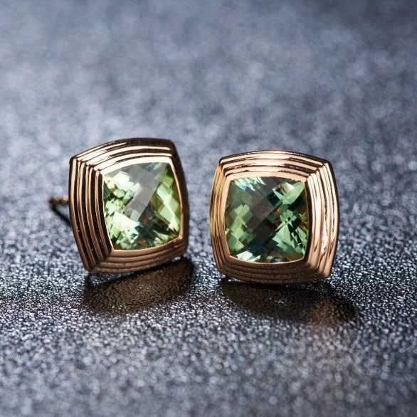 14k Gold 3.0 Ct Natural Tourmaline Earrings: Ref:231125200 // gold content:14k gold // main gemstone:tourmaline // shape:cushion // carat weight:3. 0ct // color:green // treatment:natural // High Estimate: 3200Low Estimate: 2100Condition: New