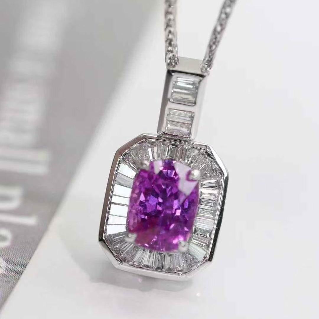 14k Gold 1.35 Ctw Natural Sapphire & Diamond Pendant( Without Chain ): Ref:231125211 // gold content:14k gold // main gemstone:sapphire // shape:cushion // carat weight:1. 15ct // color:purple // treatment:natural // // adjacent gemstone 2 : diamond // shape:baguette //