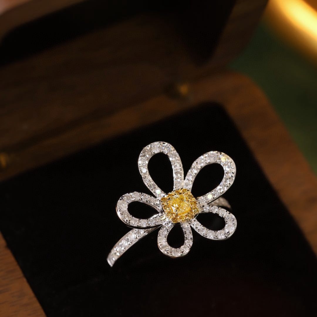 14k Gold 0.85 Ctw Natural Yellow Diamond & Diamond Ring: Ref:231125228 // gold content:14k gold // ring size:7. 25us // // main gemstone:yellow diamond // shape:cushion // carat weight:0. 15ct // color:yellow // treatment:natural // // adjacent gemstone 2 :