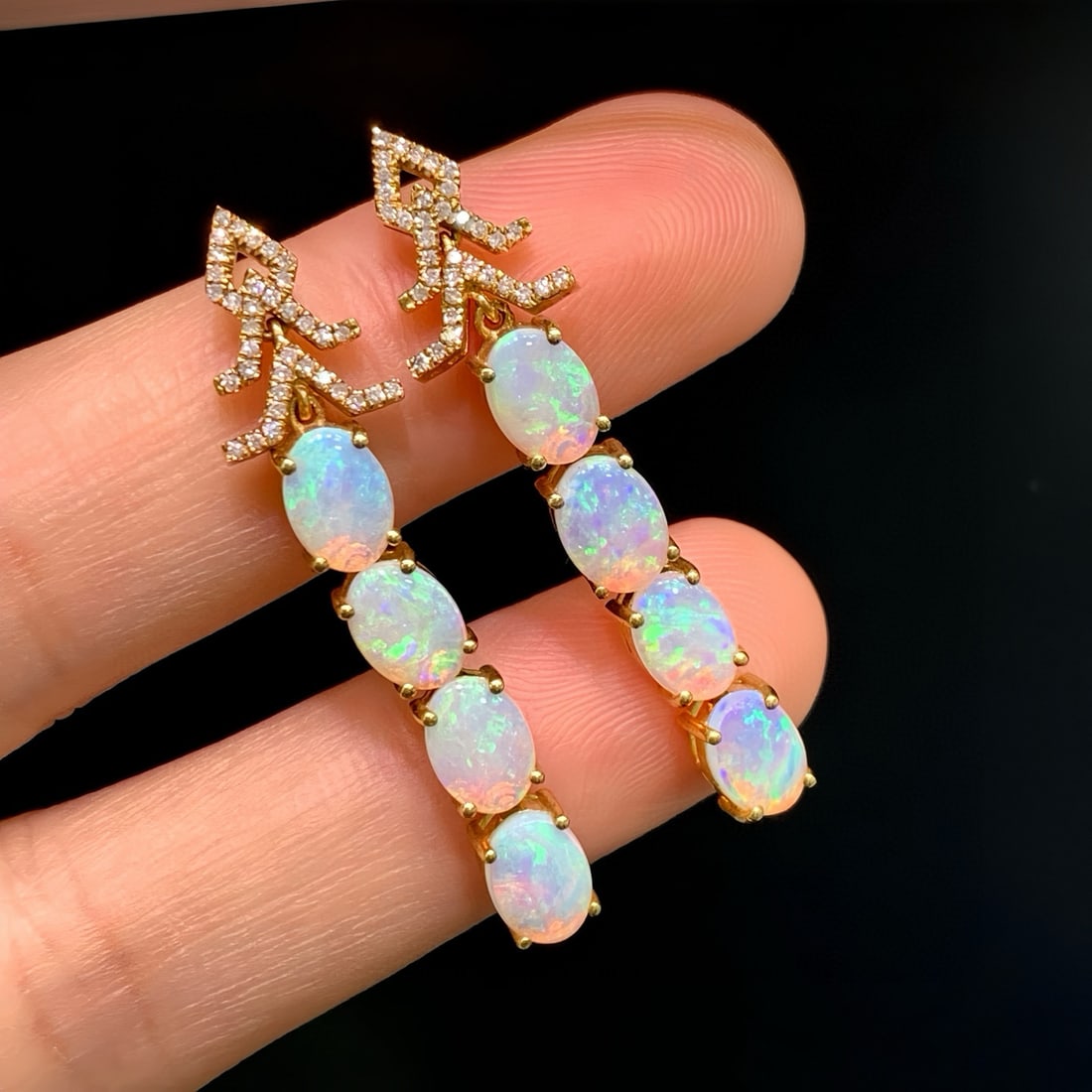 14k Gold 3.23 Ctw Natural Opal & Diamond Earrings - 4