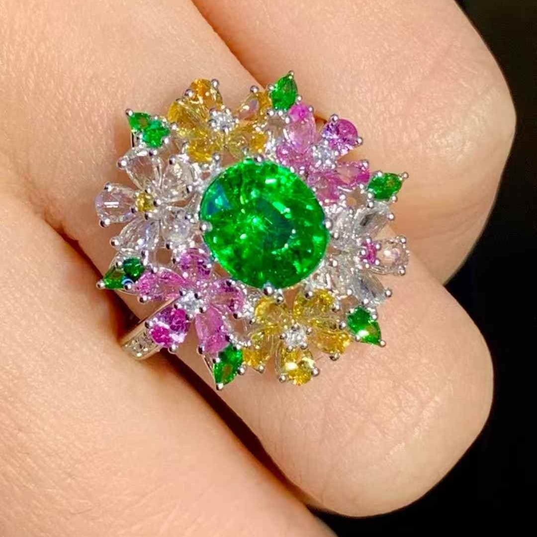 14k Gold 2.01 Ct Vivid Green Natural Tsavorite & Diamond Ring - 5
