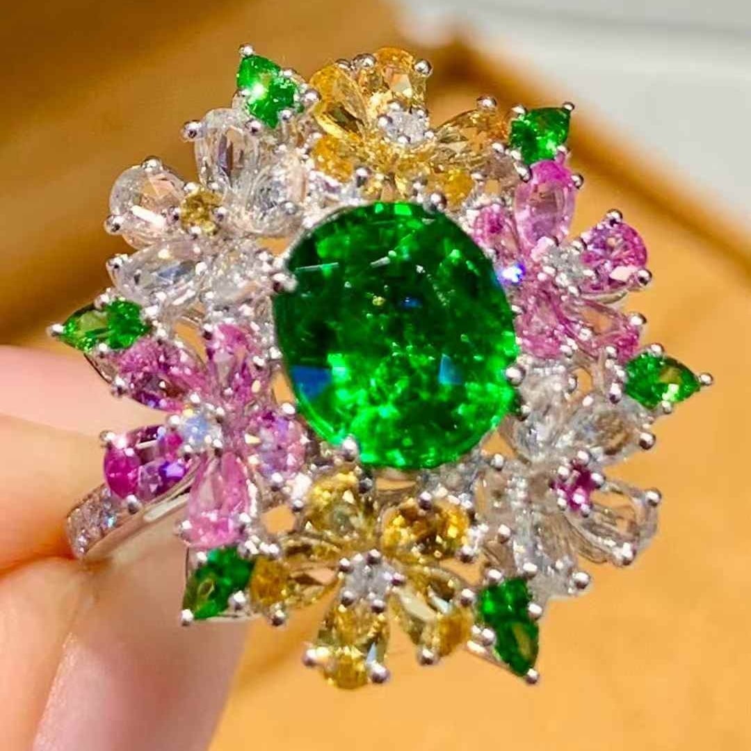 14k Gold 2.01 Ct Vivid Green Natural Tsavorite & Diamond Ring - 6