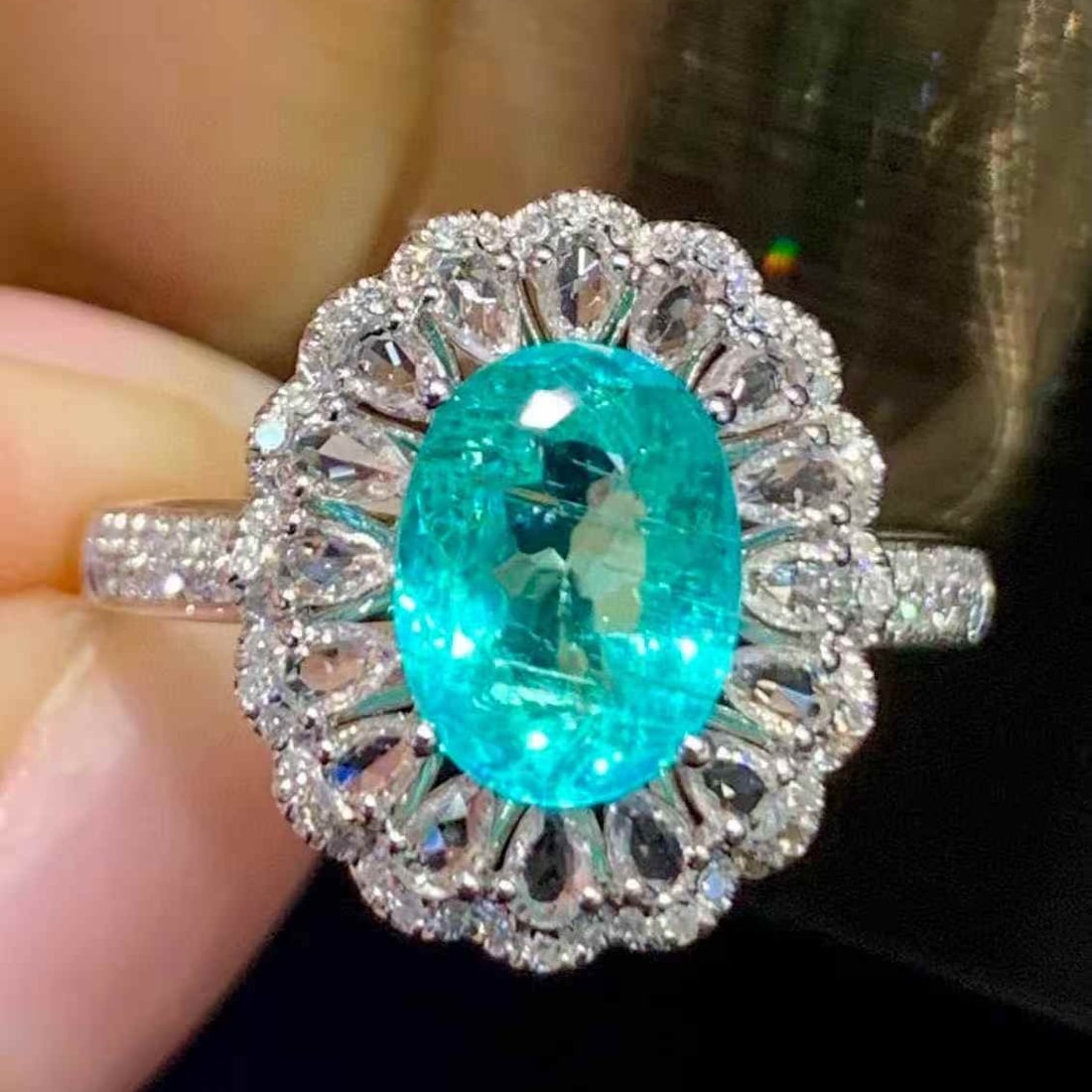 14k Gold 1.8 Ct Natural Paraiba Tourmaline & Sapphire & Diamond Ring: Ref:231125238 // gold content:14k gold // ring size:7. 25us // // main gemstone:paraiba tourmaline // shape:oval // carat weight:1. 8ct // color:blue // treatment:natural // // adjacent gemstone 2