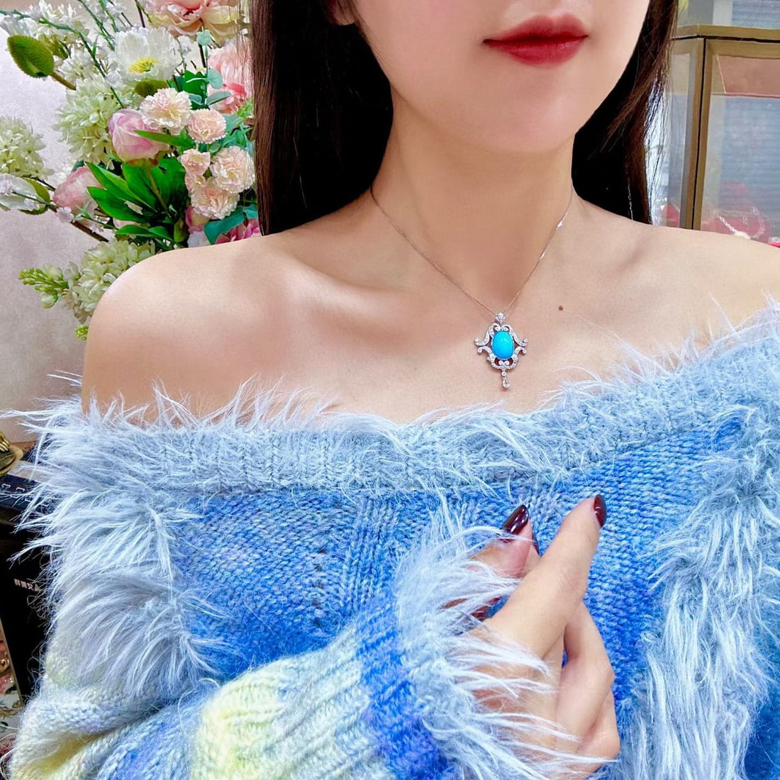 14k Gold 5.63 Ctw Natural Blue Turquoise & Sapphire Pendant( Without Chain ) - 2