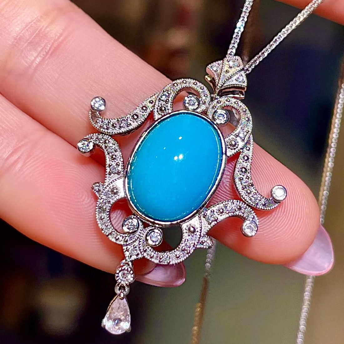 14k Gold 5.63 Ctw Natural Blue Turquoise & Sapphire Pendant( Without Chain ) - 3