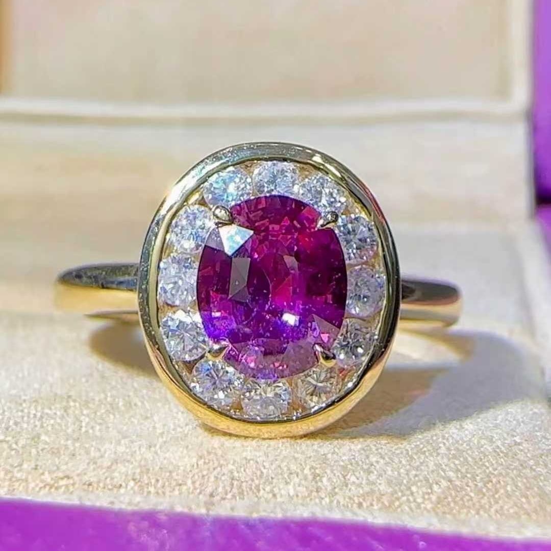 14k Gold 1.53 Ctw Natural Sapphire & Diamond Ring: Ref:231125257 // gold content:14k gold // ring size:7. 25us // // main gemstone:sapphire // shape:oval // carat weight:1. 11ct // color:purple // treatment:natural // // adjacent gemstone 2 : diamond