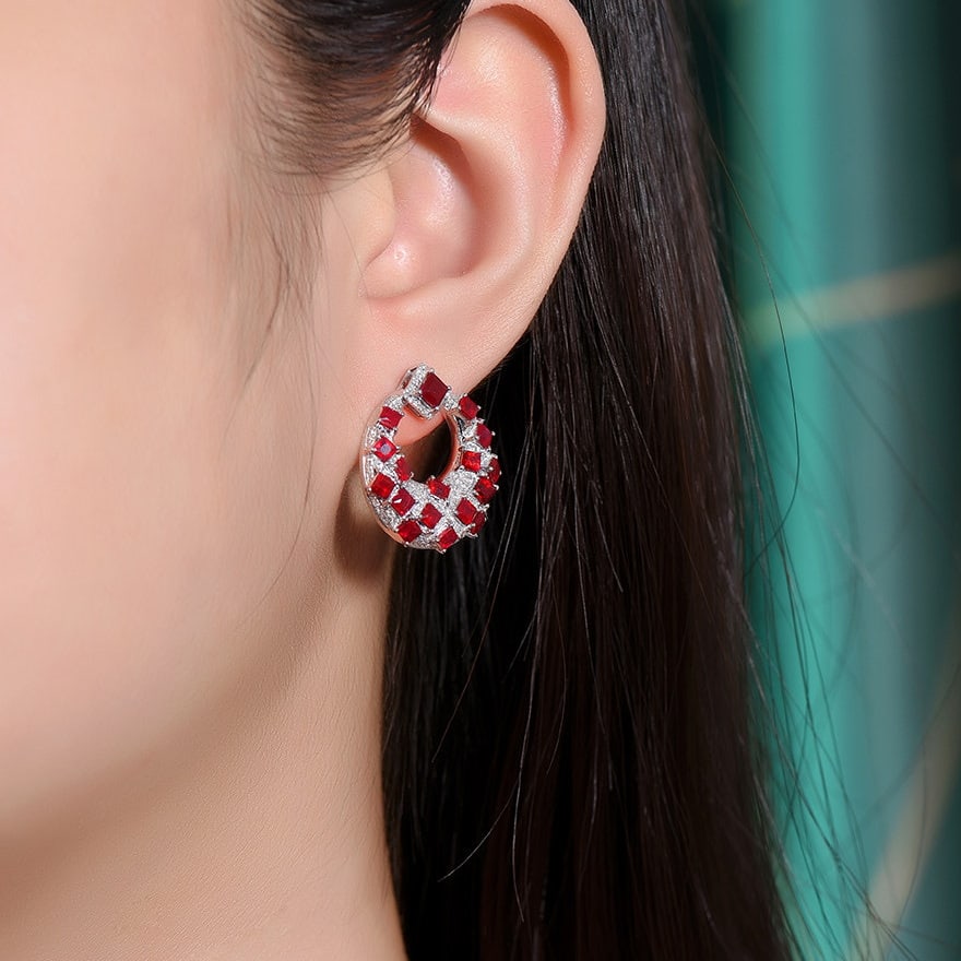 14k Gold 4.61 Ctw Natural Ruby & Diamond Earrings - 6