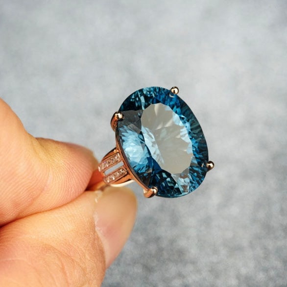 14k Gold 16.52 Ct Natural Topaz & Diamond Ring - 8