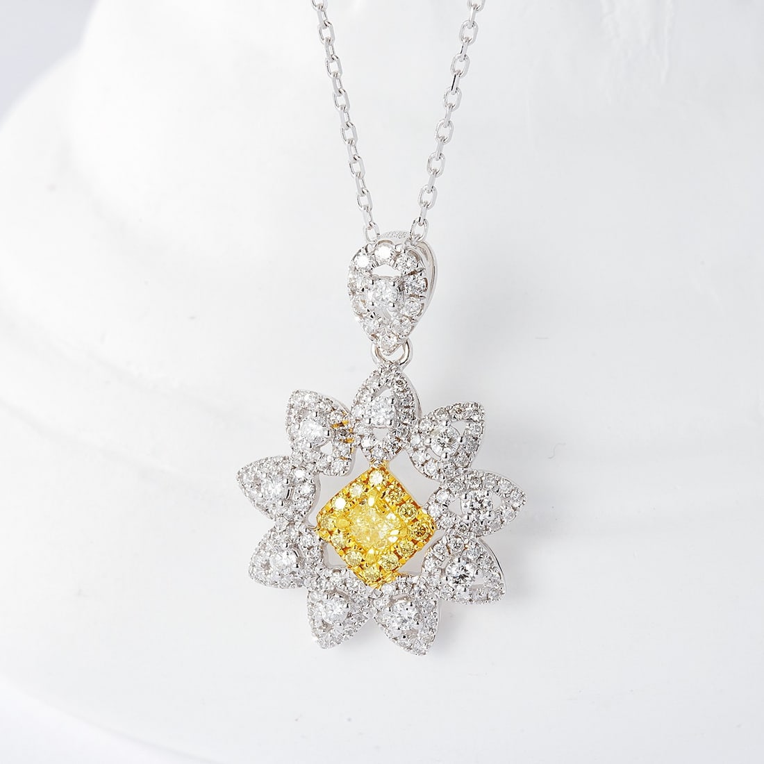 14k Gold 0.49 Ctw Natural Yellow Diamond & Diamond Necklace: Ref:231126026 // gold content:14k gold // main gemstone:yellow diamond // shape:cushion // carat weight:0. 11ct // color:yellow // treatment:natural // // adjacent gemstone 2 : diamond // shape:round