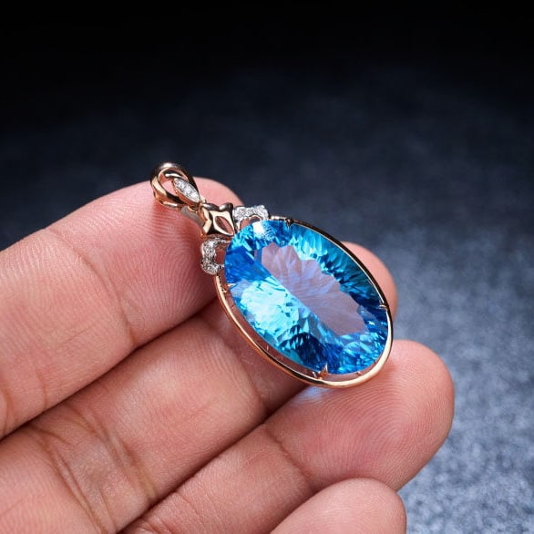 14k Gold 20.25 Ct Natural Topaz & Diamond Pendant( Without Chain ) - 9