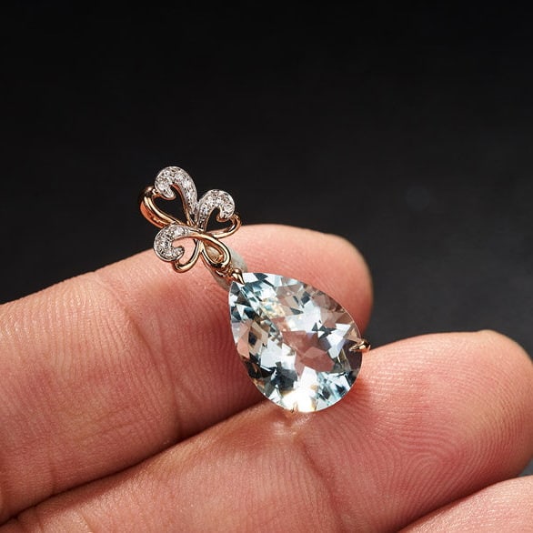 14k Gold 4.58 Ct Natural Aquamarine & Diamond Pendant( Without Chain ) - 7