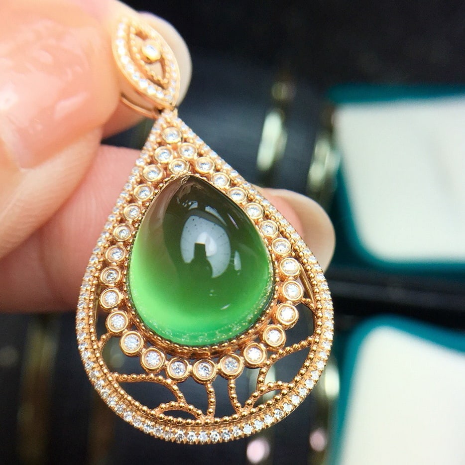 14k Gold 11.7 Ct Natural Prehnite & Diamond Pendant( Without Chain ) - 4