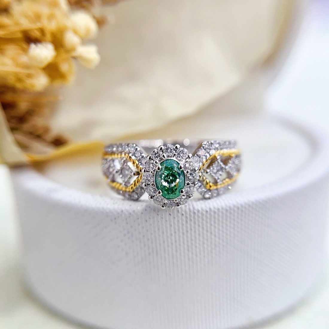 14k Gold 0.88 Ctw Natural Green Diamond & Diamond Ring: Ref:231126052 // gold content:14k gold // ring size:7. 25us // // main gemstone:green diamond // shape:oval // carat weight:0. 38ct // color:green // treatment:natural // // adjacent gemstone 2 : diam
