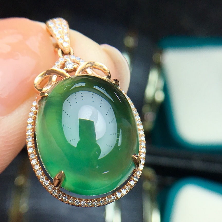 14k Gold 14.8 Ct Natural Prehnite & Diamond Pendant( Without Chain ) - 2