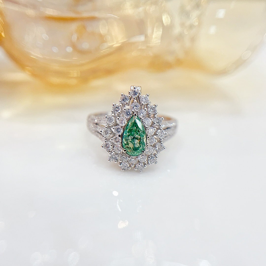 14k Gold 1.42 Ctw Natural Green Diamond & Diamond Ring/pendant( Without Chain ): Ref:231126068 // gold content:14k gold // ring size:7. 25us // // main gemstone:green diamond // shape:pear // carat weight:0. 55ct // color:green // treatment:natural // // adjacent gemstone 2 : diam
