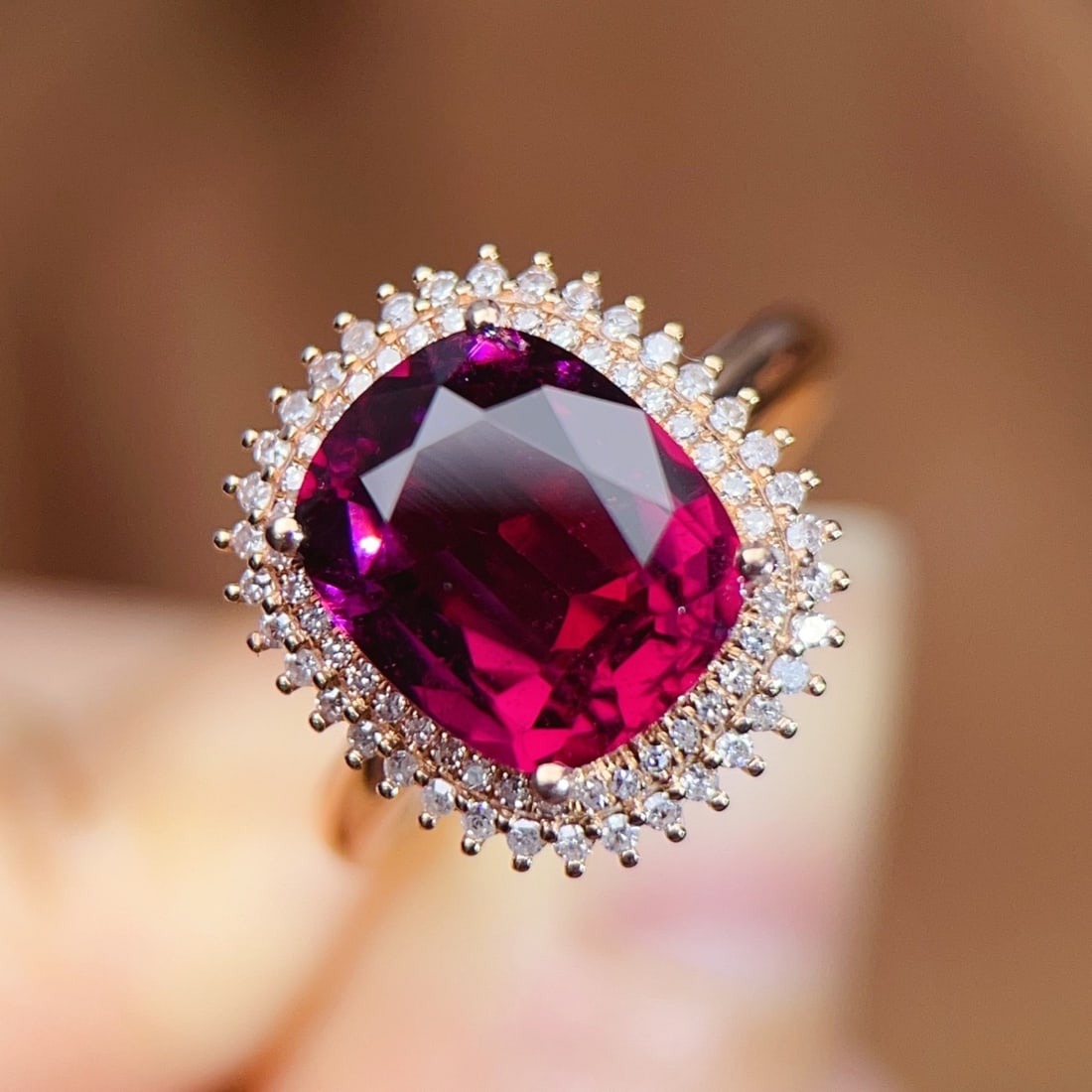 14k Gold 4.14 Ctw Natural Tourmaline & Diamond Ring: Ref:231126072 // gold content:14k gold // ring size:7. 25us // // main gemstone:tourmaline // shape:cushion // carat weight:3. 85ct // color:red // treatment:natural // // adjacent gemstone 2 :