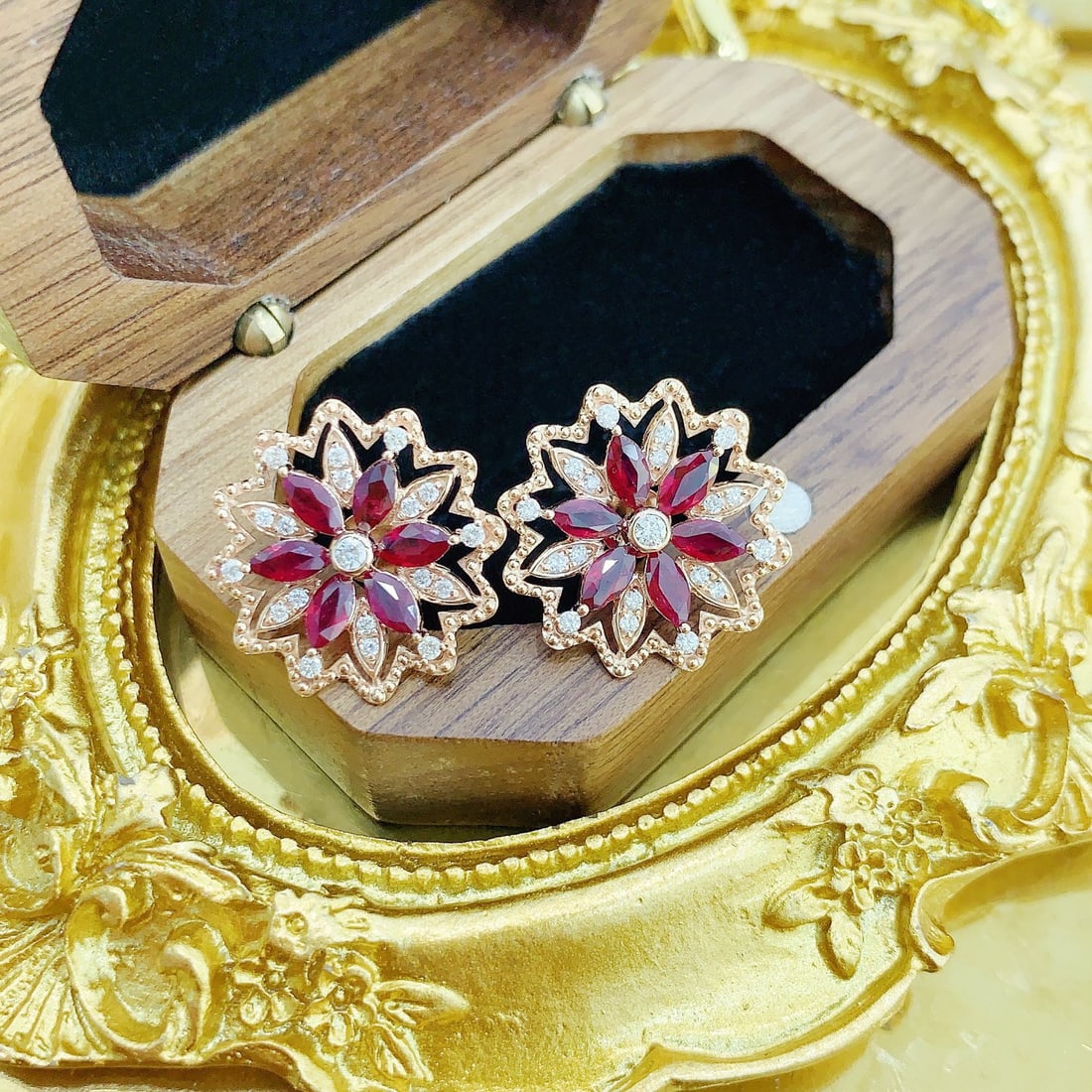 14k Gold 2.40 Ctw Natural Ruby & Diamond Earrings: Ref:231126088 // gold content:14k gold // main gemstone:ruby // shape:marquise // carat weight:2. 06ct // color:red // treatment:natural // // adjacent gemstone 2 : diamond // shape:round // carat