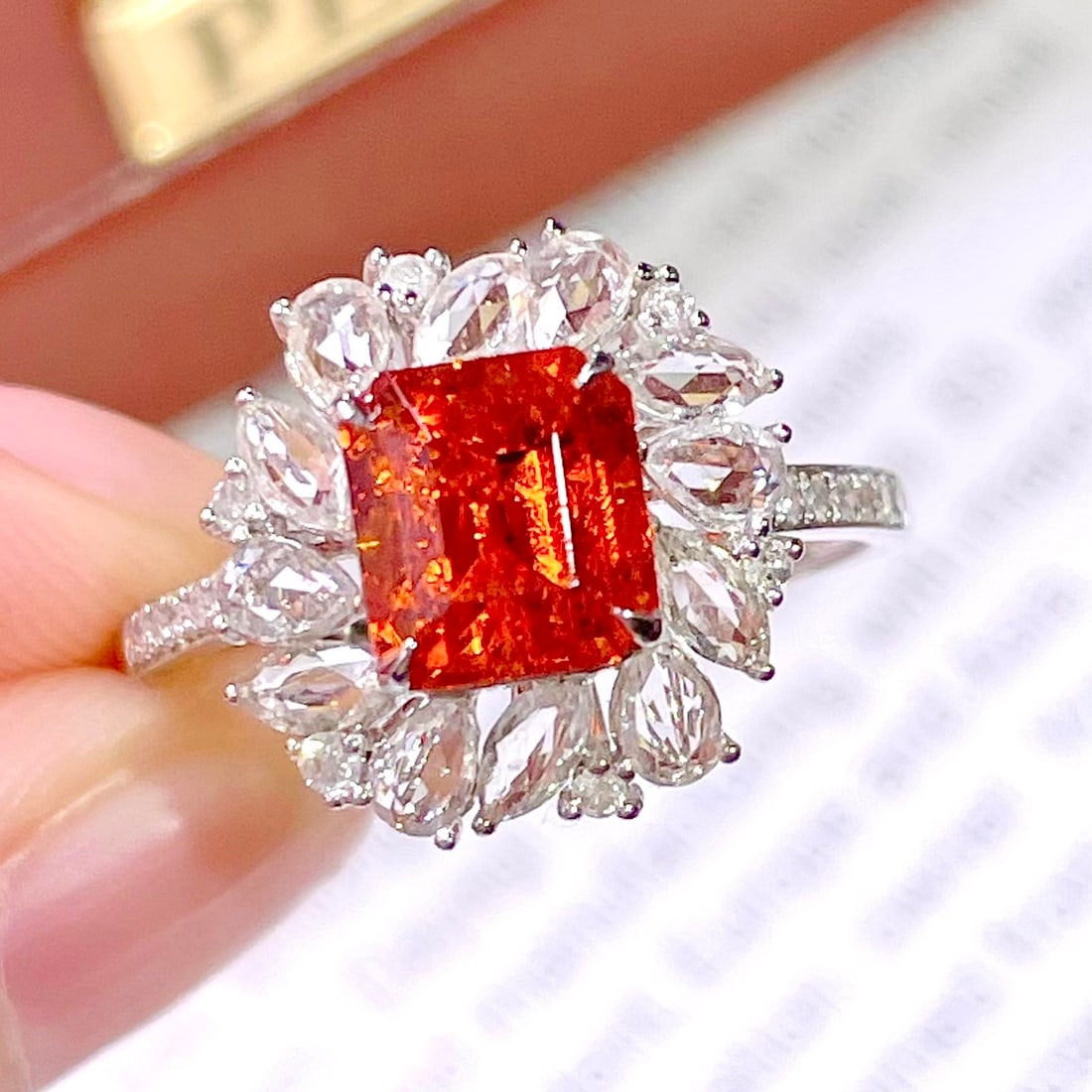 14k Gold 2.8 Ct Natural Spessartine & Diamond & Sapphire Ring: Ref:231126089 // gold content:14k gold // ring size:7. 25us // // main gemstone:spessartine // shape:octagonal // carat weight:2. 8ct // color:orange // treatment:natural // // adjacent gemstone 2