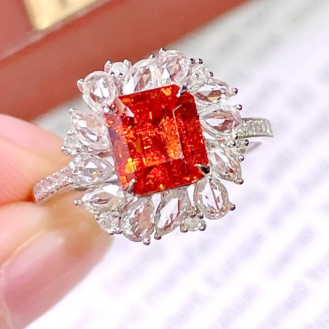 14k Gold 2.8 Ct Natural Spessartine & Diamond & Sapphire Ring - 2