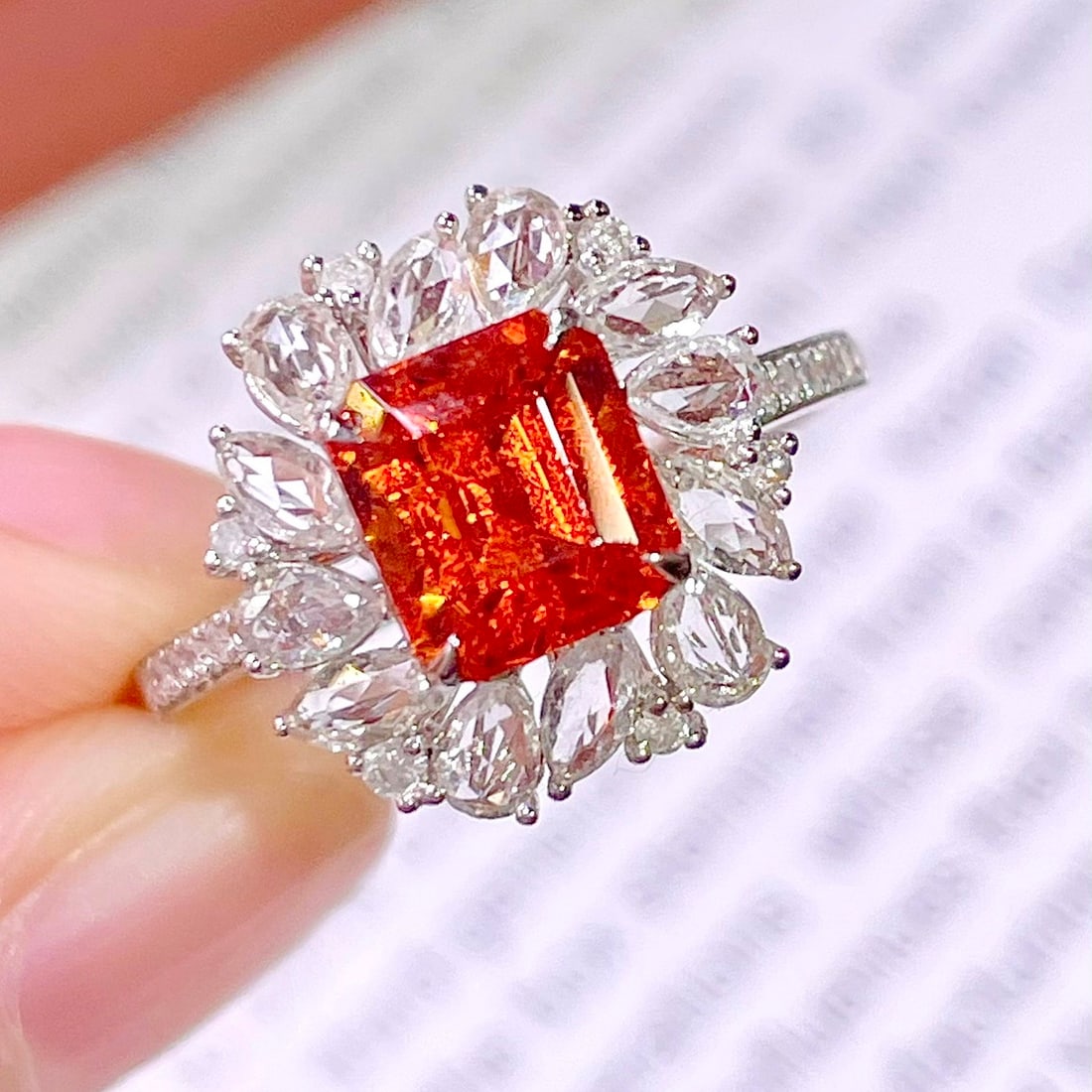 14k Gold 2.8 Ct Natural Spessartine & Diamond & Sapphire Ring - 5