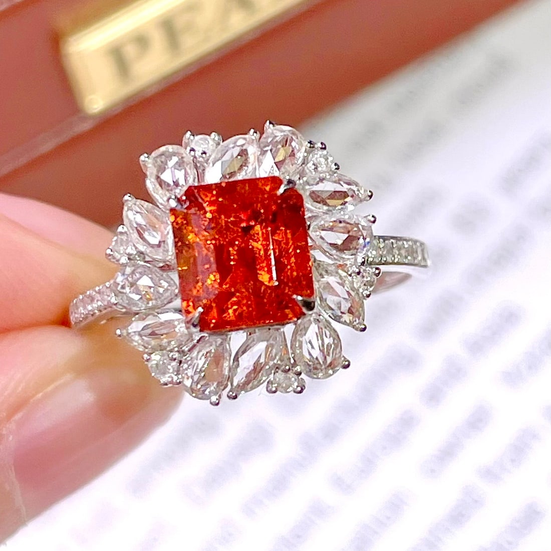 14k Gold 2.8 Ct Natural Spessartine & Diamond & Sapphire Ring - 6