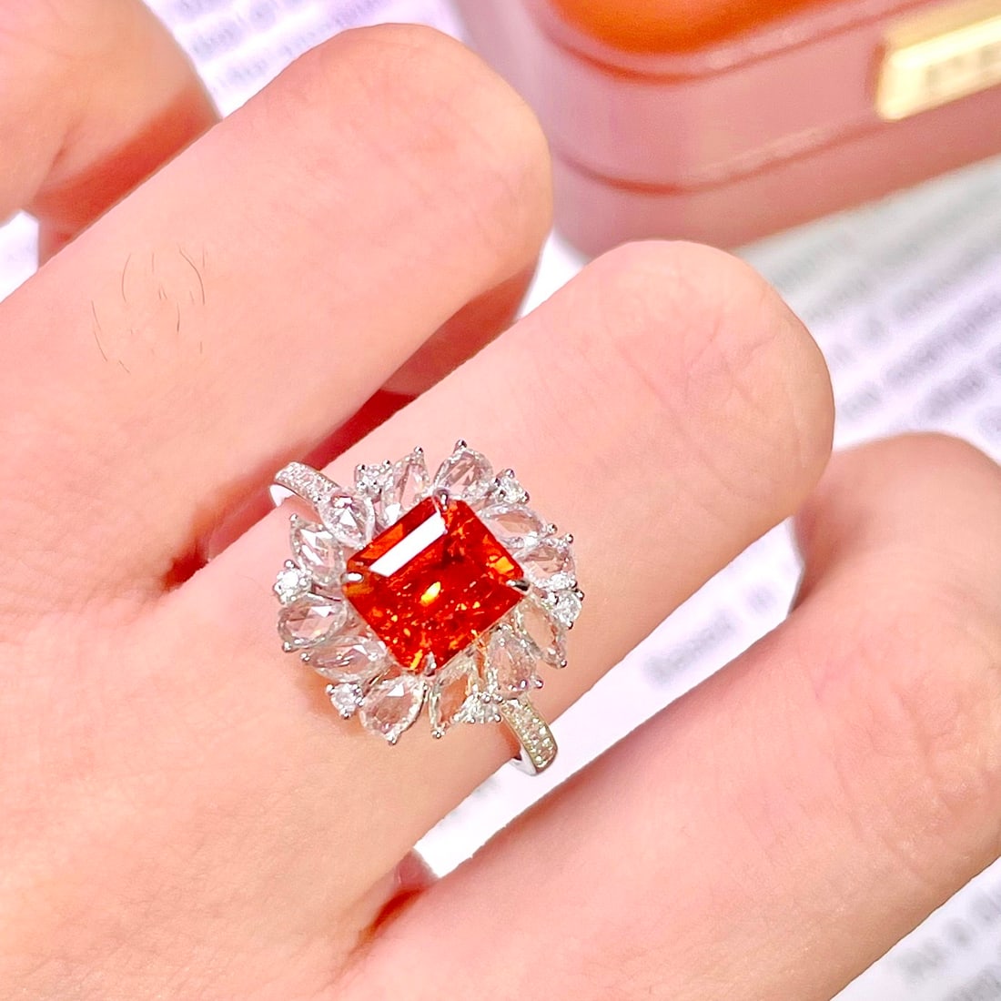 14k Gold 2.8 Ct Natural Spessartine & Diamond & Sapphire Ring - 7