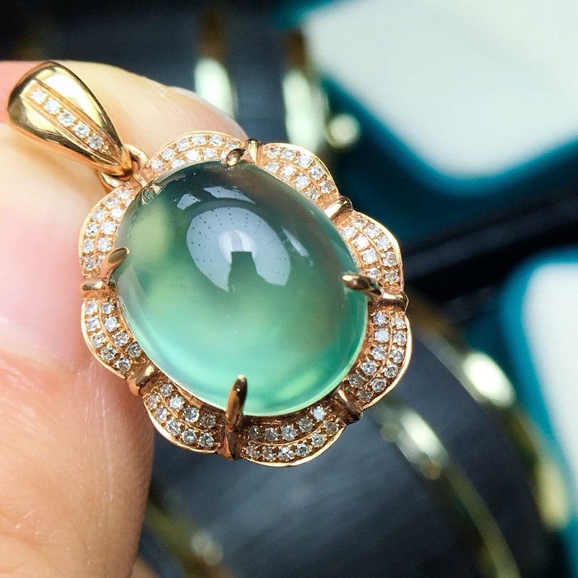 14k Gold 11.2 Ct Natural Prehnite & Diamond Pendant( Without Chain ) - 4