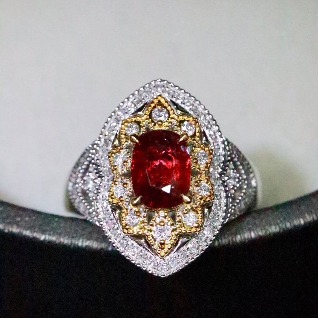 14k Gold 1.66 Ctw Natural Ruby & Diamond Ring: Ref:231126119 // gold content:14k gold // ring size:7. 25us // // main gemstone:ruby // shape:cushion // carat weight:1. 32ct // color:red // treatment:natural // // adjacent gemstone 2 : diamond // s