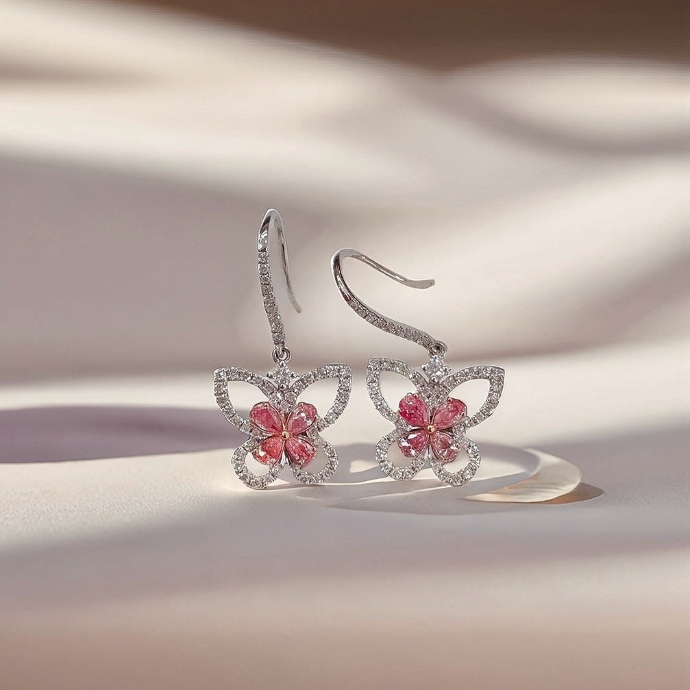 14k Gold 1.16 Ctw Natural Pink Diamond & Diamond & Butterfly Earrings: Ref:231126127 // gold content:14k gold // main gemstone:pink diamond // shape:pear // carat weight:0. 58ct // color:pink // treatment:natural // // adjacent gemstone 2 : diamond // shape:round // cara