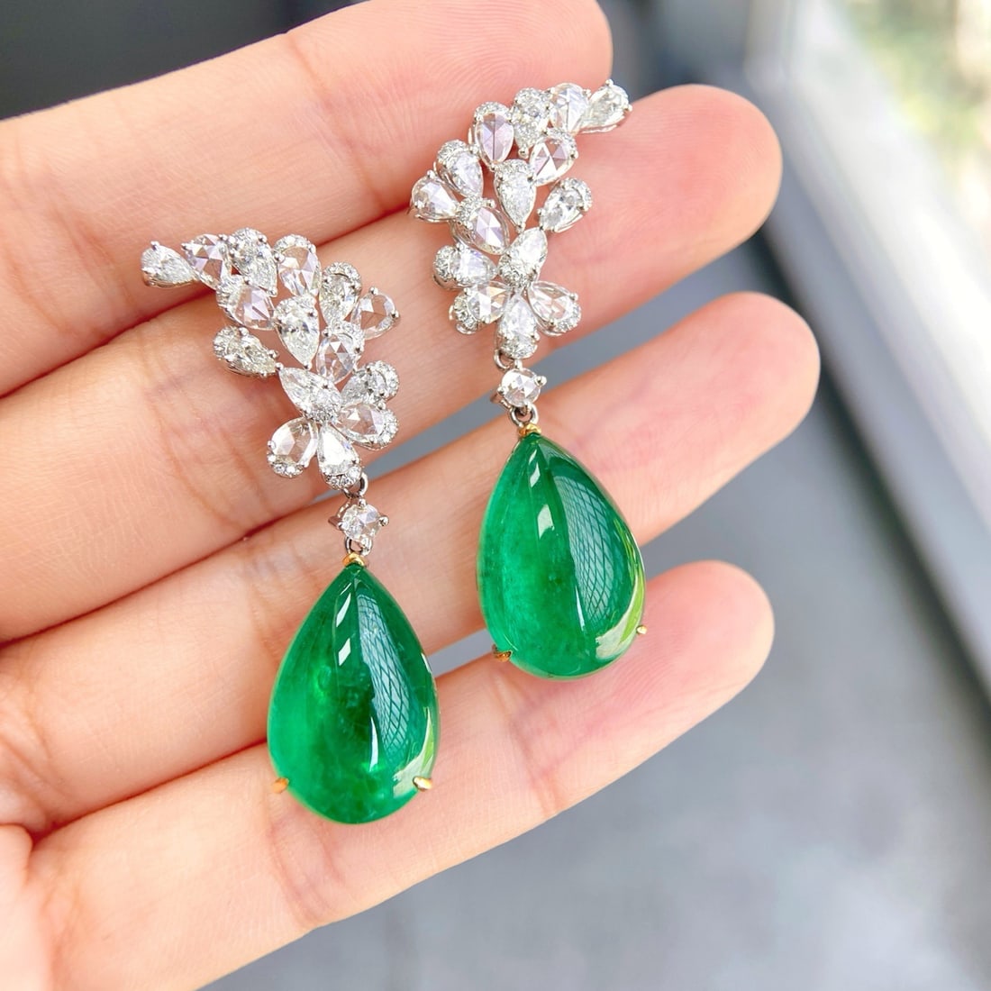 14k Gold 27.40 Ctw Vivid Green Natural Emerald & Diamond Earrings - 2
