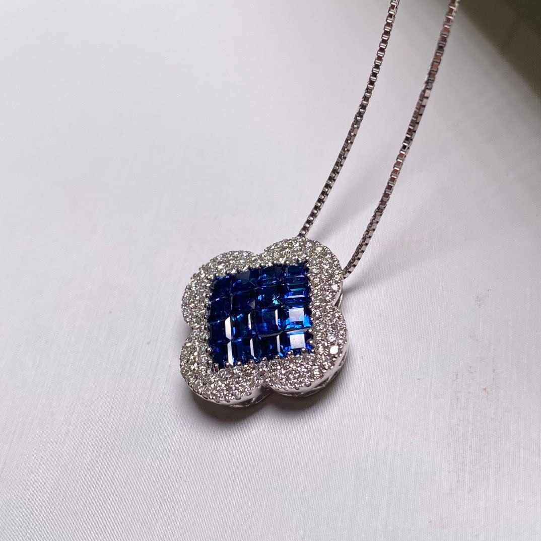 14k Gold 2.95 Ctw Natural Sapphire & Diamond Necklace: Ref:231126169 // gold content:14k gold // main gemstone:sapphire // shape:square // carat weight:2. 35ct // color:blue // treatment:natural // // adjacent gemstone 2 : diamond // shape:round // carat
