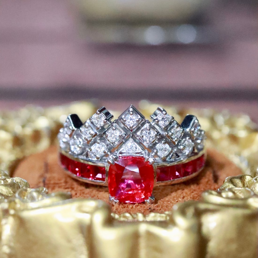 14k Gold 1.80 Ctw Natural Ruby & Ruby Ring: Ref:231126193 // gold content:14k gold // ring size:7. 25us // // main gemstone:ruby // shape:cushion // carat weight:1. 12ct // color:red // treatment:natural // // adjacent gemstone 2 : ruby // shap