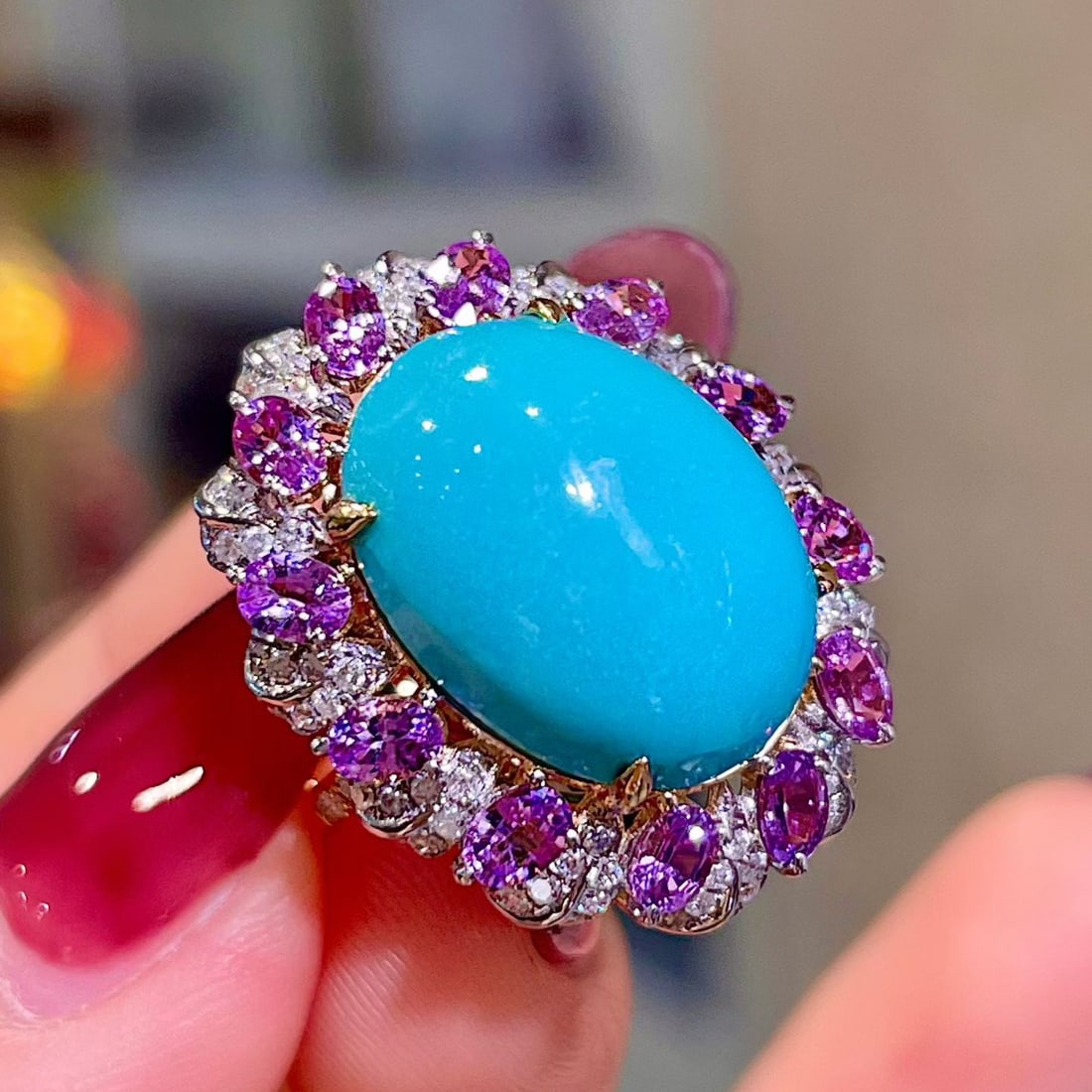 14k Gold 9.19 Ctw Natural Blue Turquoise & Sapphire Ring - 4