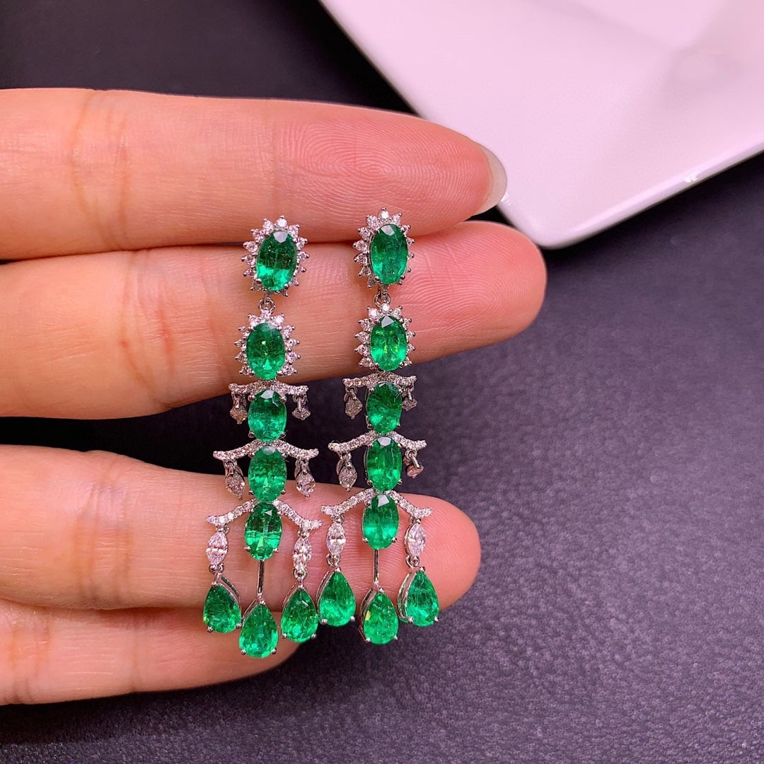 14k Gold 6.82 Ctw Natural Emerald & Diamond Earrings - 4