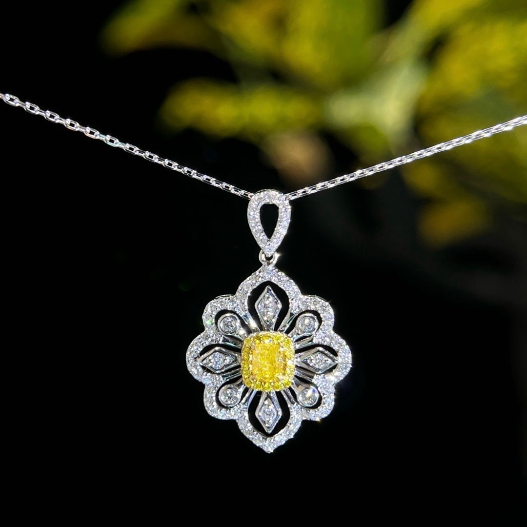 14k Gold 0.62 Ctw Natural Yellow Diamond & Diamond Necklace: Ref:231126207 // gold content:14k gold // main gemstone:yellow diamond // shape:cushion // carat weight:0. 21ct // color:yellow // treatment:natural // // adjacent gemstone 2 : diamond // shape:round