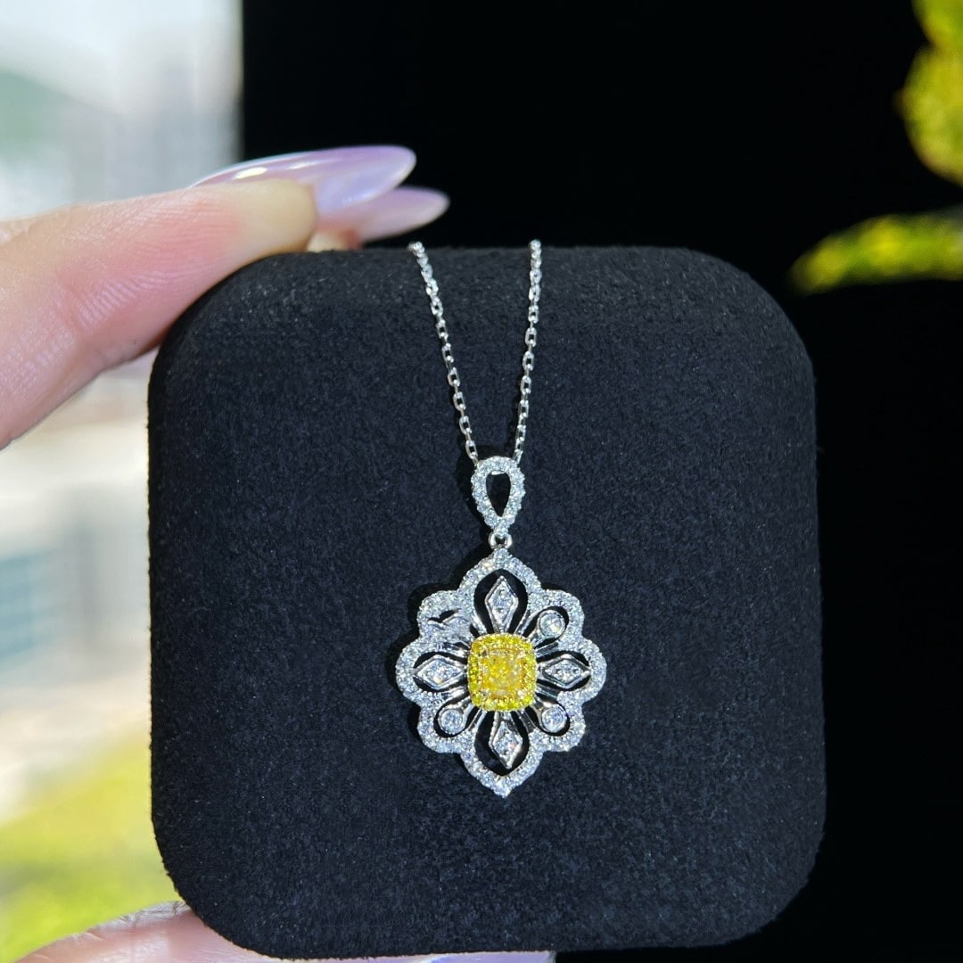 14k Gold 0.62 Ctw Natural Yellow Diamond & Diamond Necklace - 2