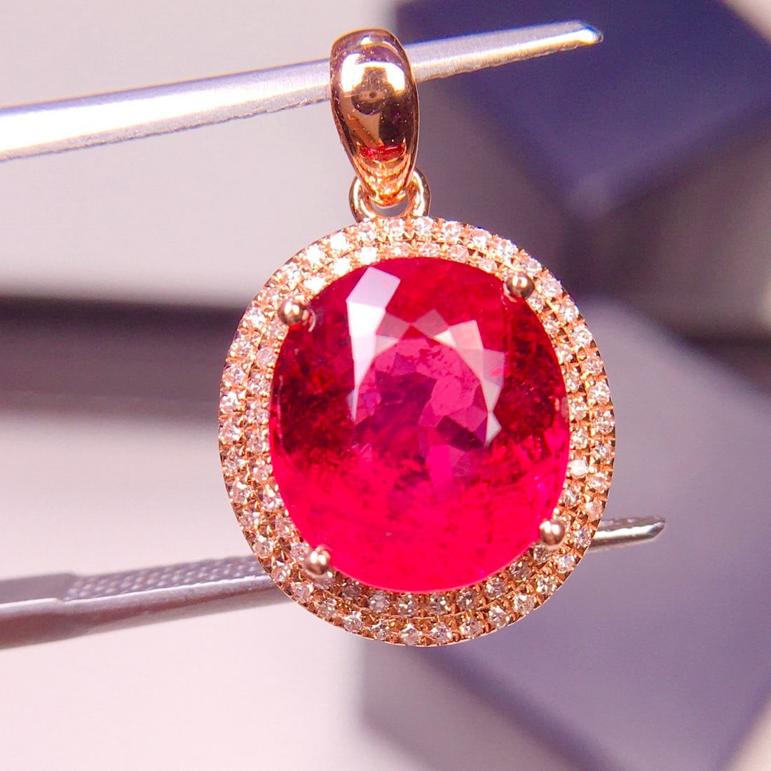14k Gold 3.89 Ct Natural Tourmaline & Diamond Pendant( Without Chain ): Ref:231126214 // gold content:14k gold // main gemstone:tourmaline // shape:oval // carat weight:3. 89ct // color:red // treatment:natural // // adjacent gemstone 2 : diamond // shape:round // clarity