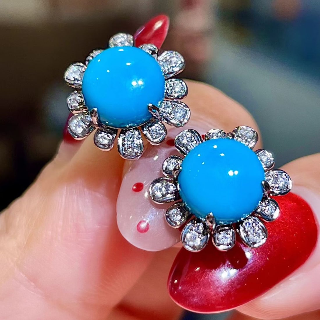 14k Gold 4.26 Ctw Natural Blue Turquoise & Diamond Earrings - 2