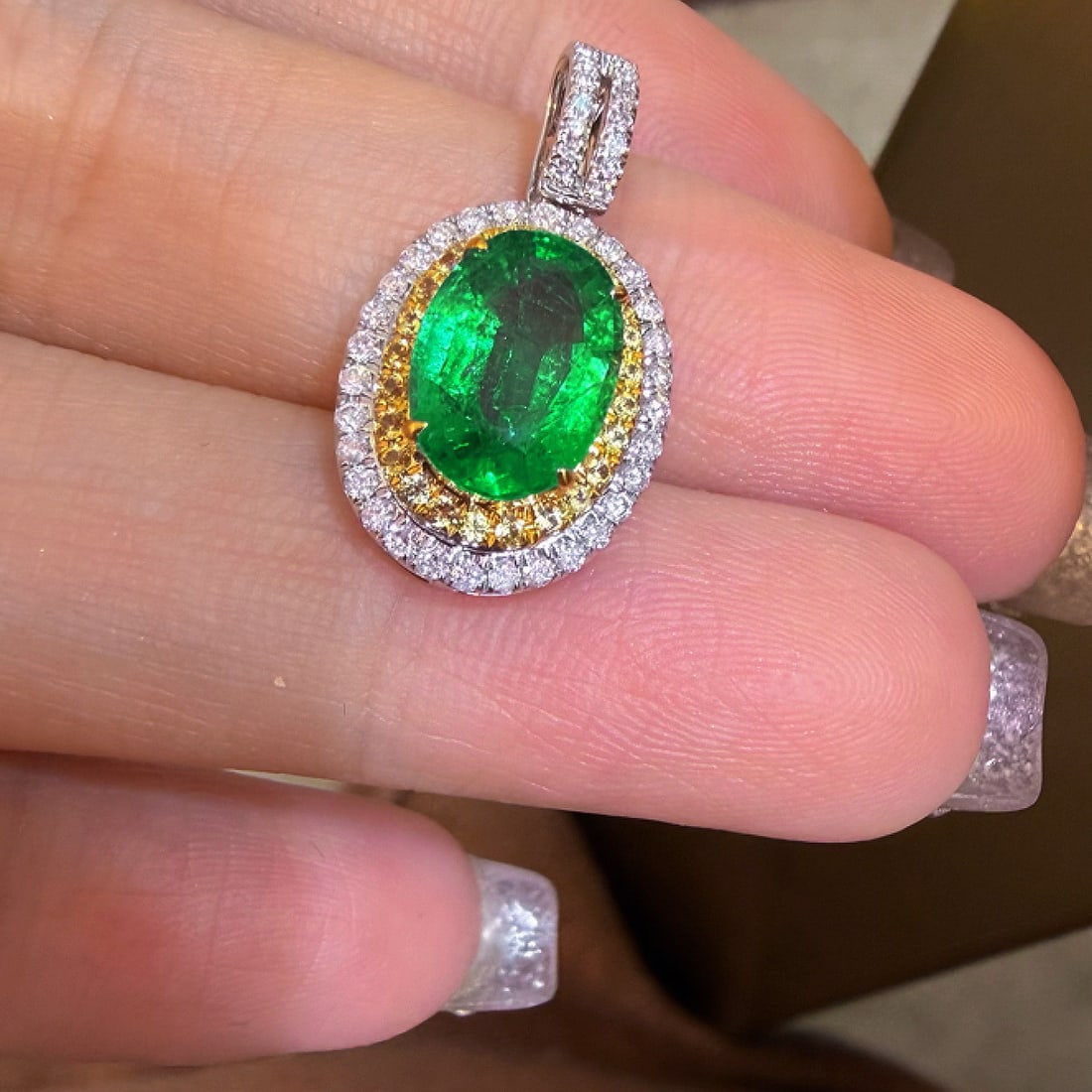 14k Gold 1.5 Ct Vivid Green Natural Emerald & Diamond Pendant( Without Chain ) - 2