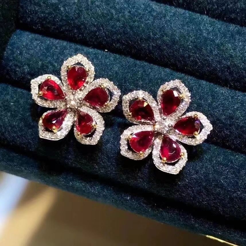 14k Gold 2.10 Ctw Natural Ruby & Diamond & Flowers Earrings - 3
