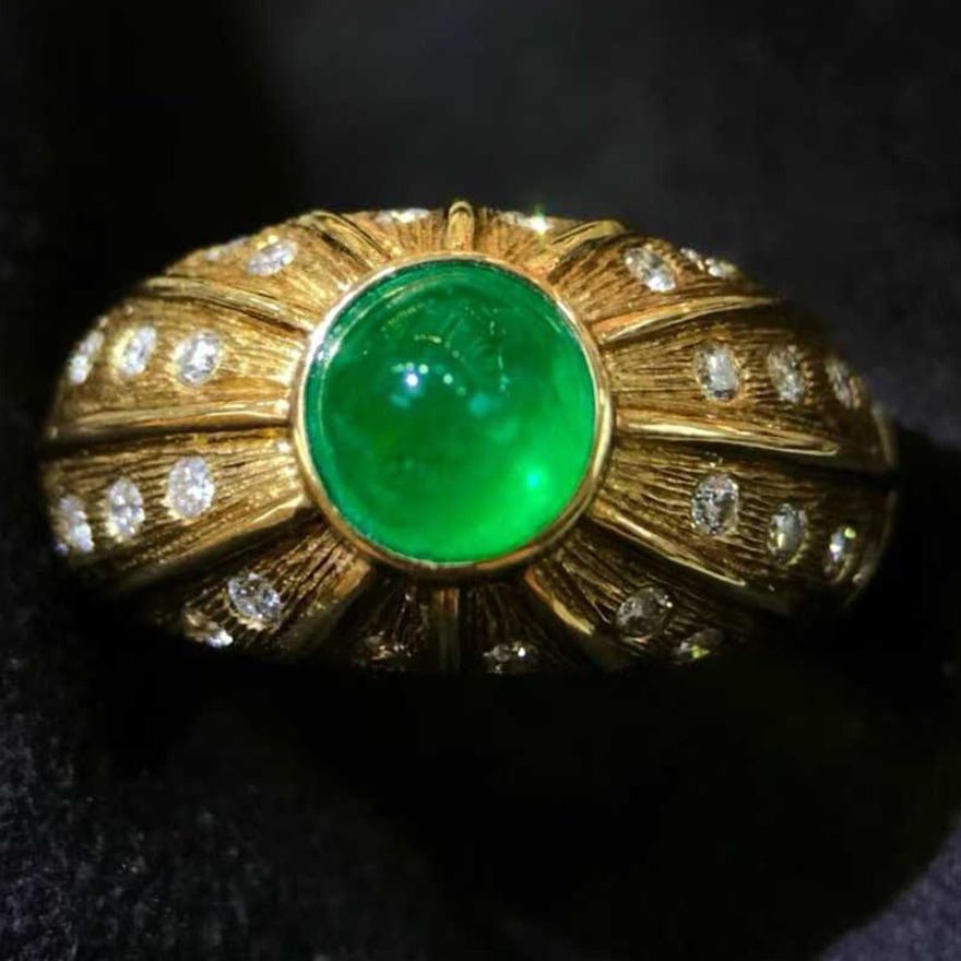 14k Gold 1.84 Ctw Vivid Green Natural Emerald & Diamond Ring: Ref:231126284 // gold content:14k gold // ring size:7. 25us // // main gemstone:emerald // shape:round // carat weight:1. 45ct // color:vivid green // treatment:natural // cut grade:g // // adjacent g