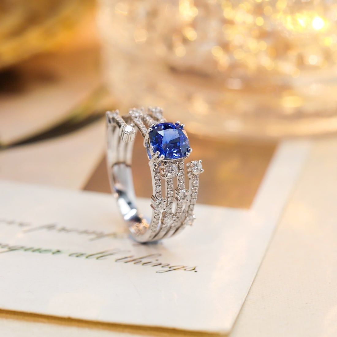 14k Gold 1.70 Ctw Natural Sapphire & Diamond Ring: Ref:231126301 // gold content:14k gold // ring size:7. 25us // // main gemstone:sapphire // shape:cushion // carat weight:1. 26ct // color:cornflower blue // treatment:natural // // adjacent