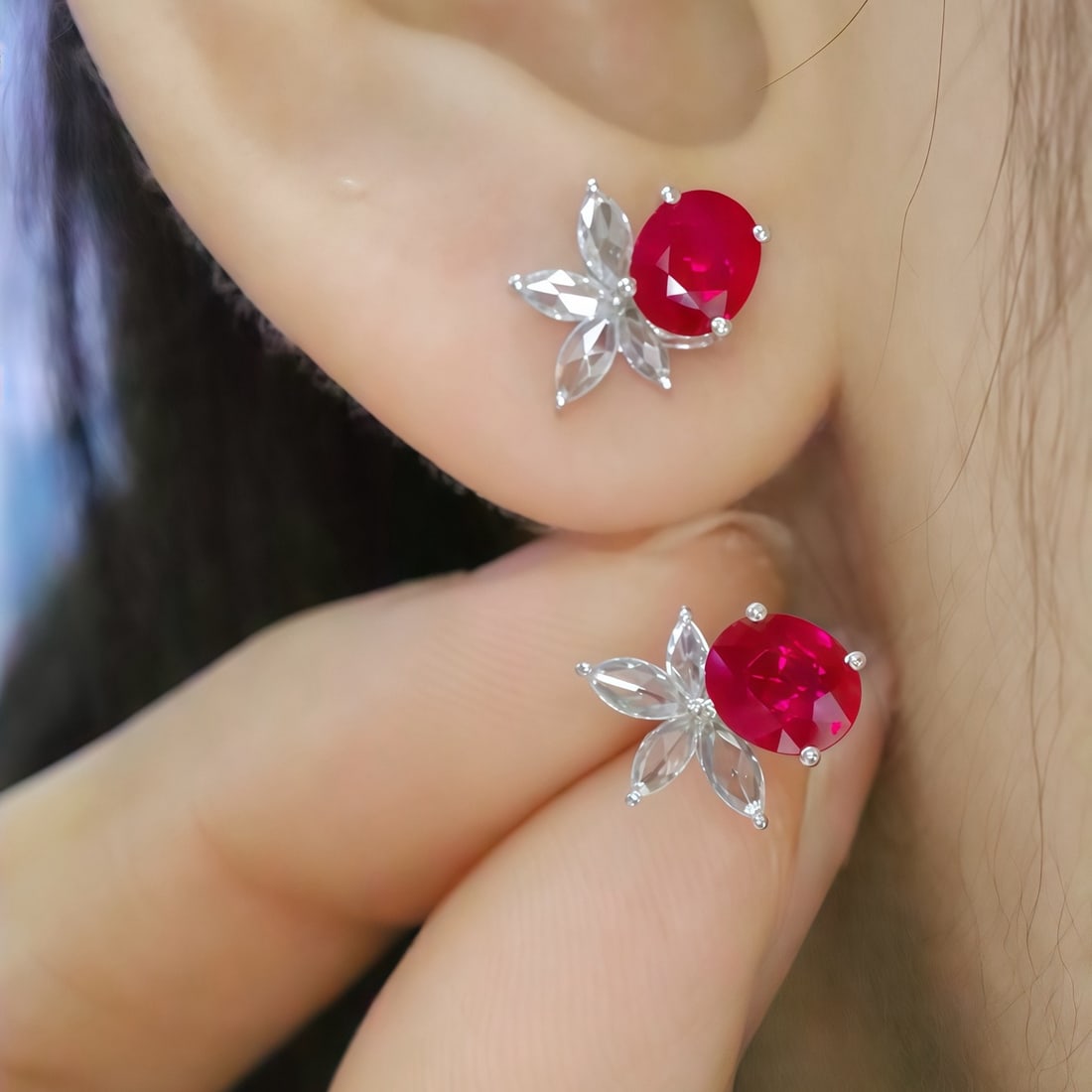 14k Gold 1.24 Ctw Vivid Red Natural Ruby & Diamond Earrings - 5