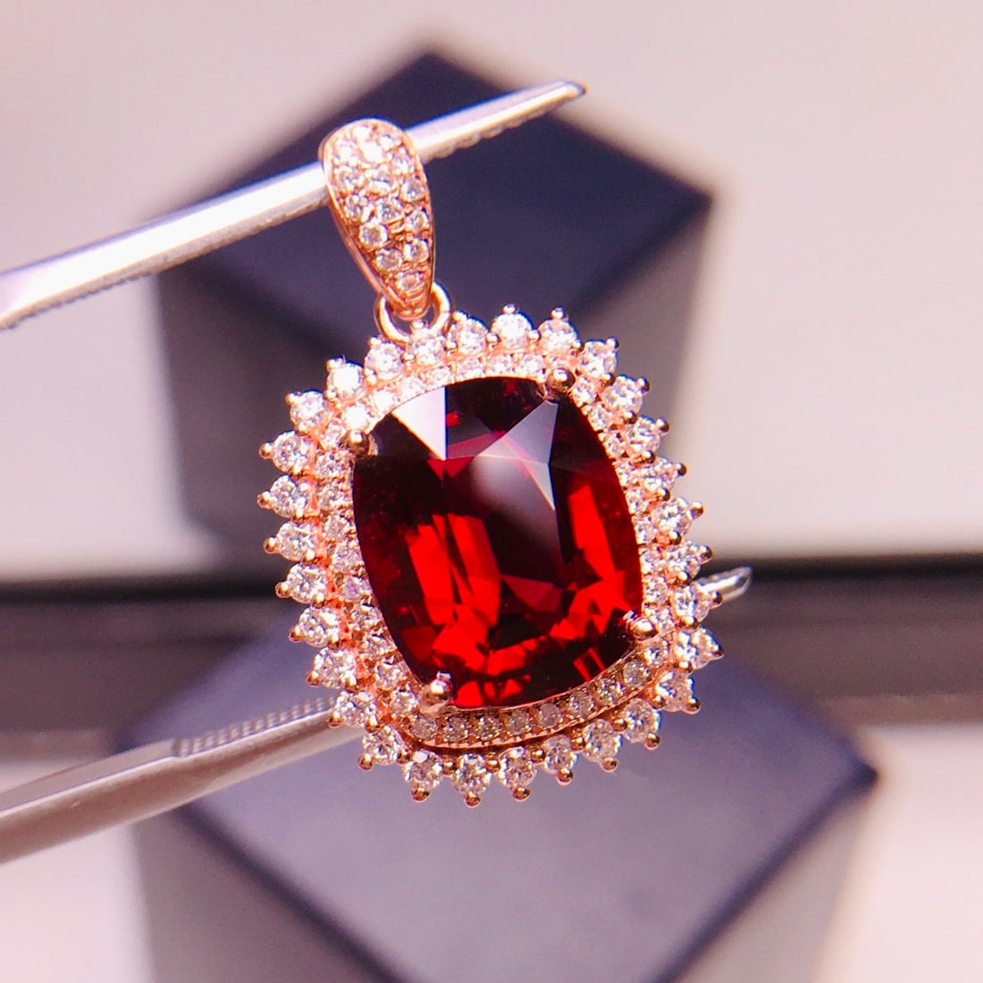 14k Gold 3.66 Ct Natural Tourmaline & Diamond Pendant( Without Chain ): Ref:231126334 // gold content:14k gold // main gemstone:tourmaline // shape:cushion // carat weight:3. 66ct // color:red // treatment:natural // // adjacent gemstone 2 : diamond // shape:round //