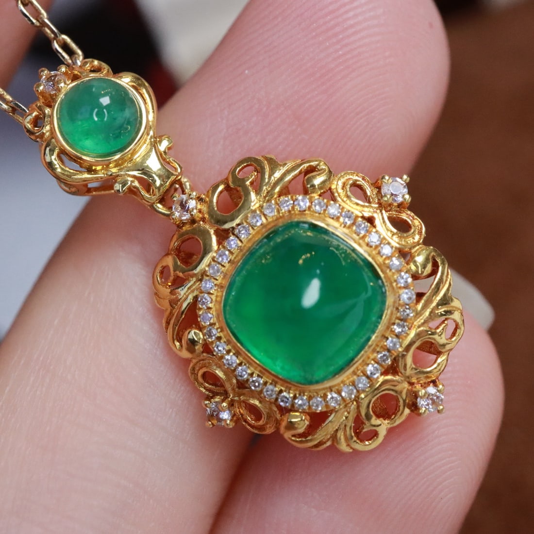 14k Gold 2.5 Ct Natural Emerald & Diamond & Sapphire Pendant( Without Chain ) - 6