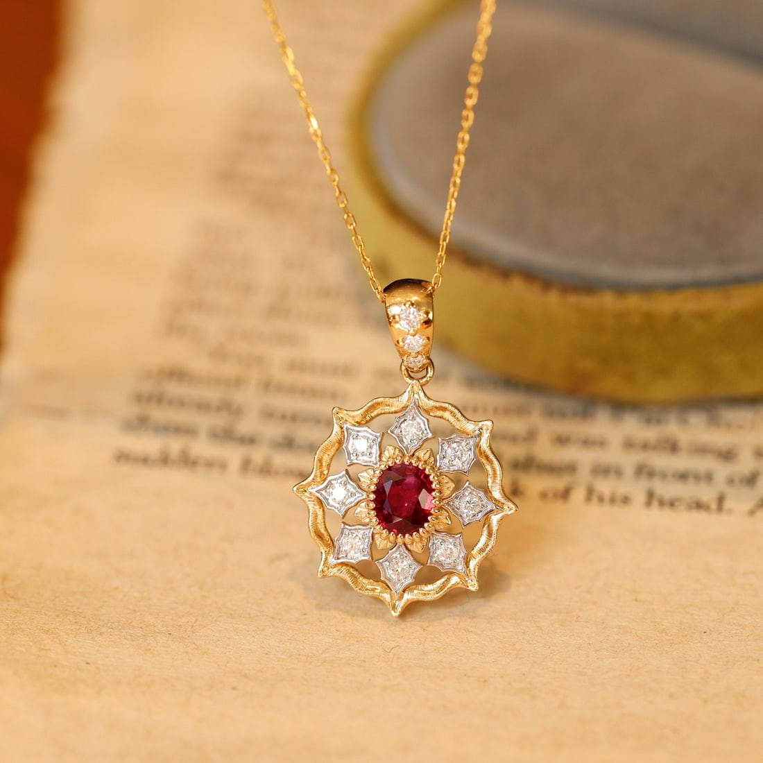 14k Gold 1.07 Ctw Natural Ruby & Diamond Pendant( Without Chain ): Ref:231126346 // gold content:14k gold // main gemstone:ruby // shape:oval // carat weight:0. 85ct // color:red // treatment:natural // // adjacent gemstone 2 : diamond // shape:round // carat weight: