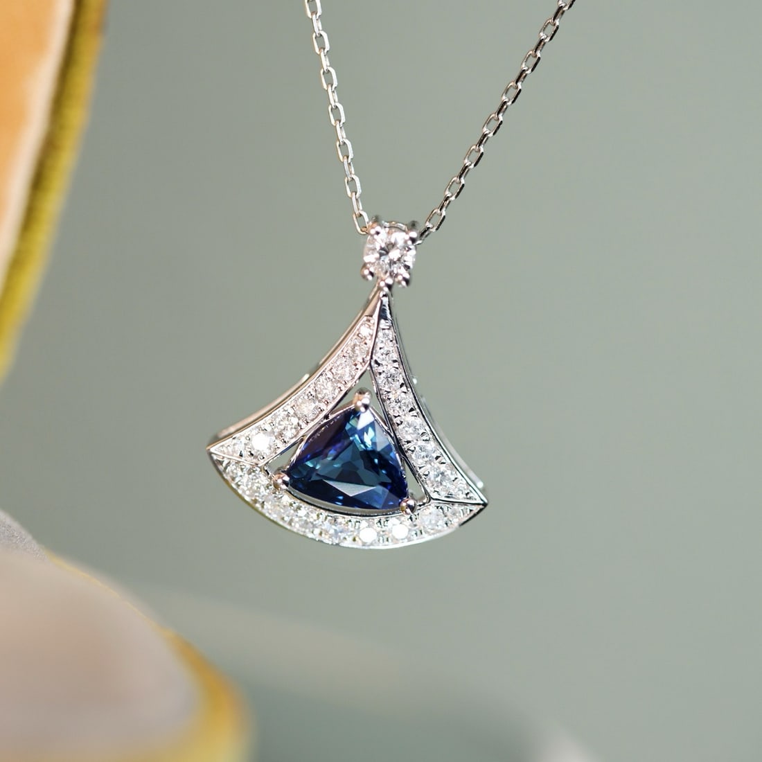 14k Gold 1.59 Ctw Natural Sapphire & Diamond Pendant( Without Chain ): Ref:231126347 // gold content:14k gold // main gemstone:sapphire // shape:triangle // carat weight:1. 18ct // color:blue // treatment:natural // // adjacent gemstone 2 : diamond // shape:round //